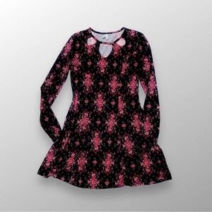 Roxy Black Pink Floral Skater Dress Long Sleeve Keyhole Women’s Small